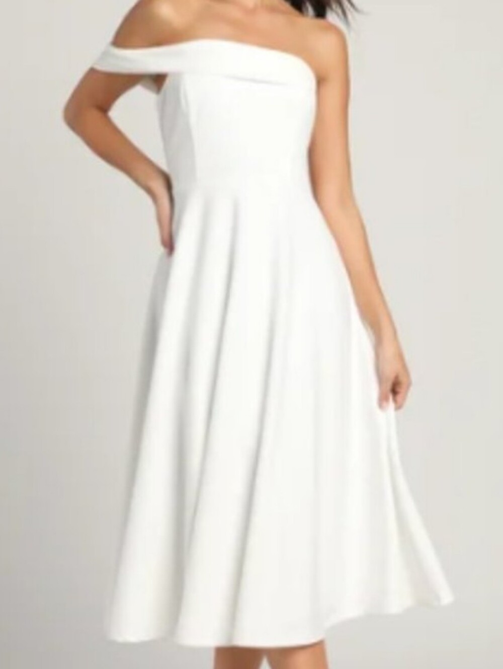 Lulu's Sweet Elegance Off-the-shoulder Asymmetrical Midi Dress In White Size XL